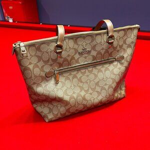 Coach Brown Signature Canvas Zip Tote Bag with Front Pocket